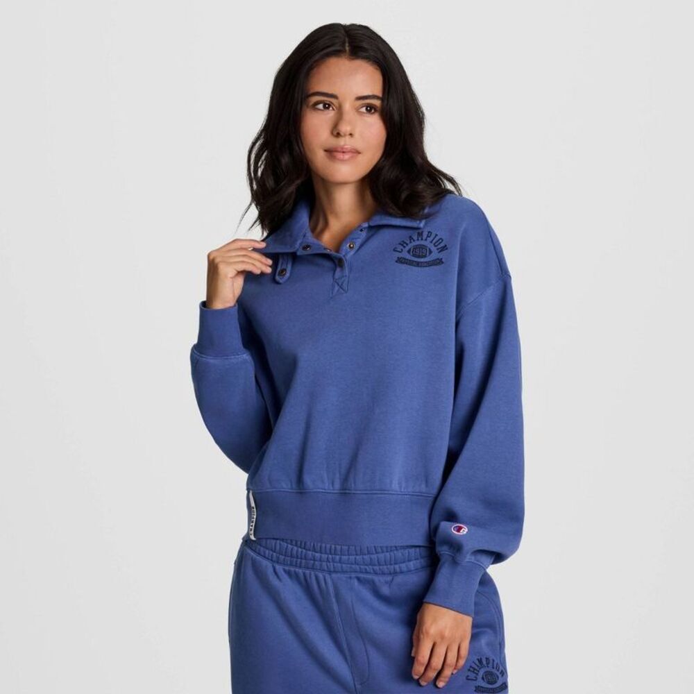 Champion Women's Long Sleeve Fleece 1/4 Snap Cropped Pullover - Blue XL